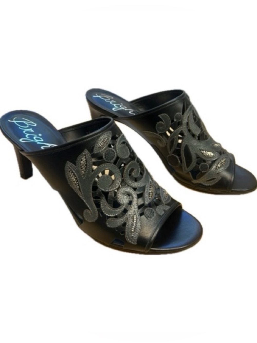 Brighton Revue Catch The Moon Black Leather Beaded Slip-On High Heel Sandals